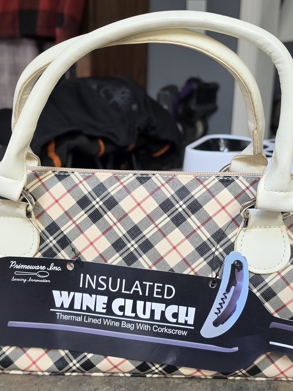 Primeware Insulated Wine Clutch Tote Purse NWT - Cream Plaid